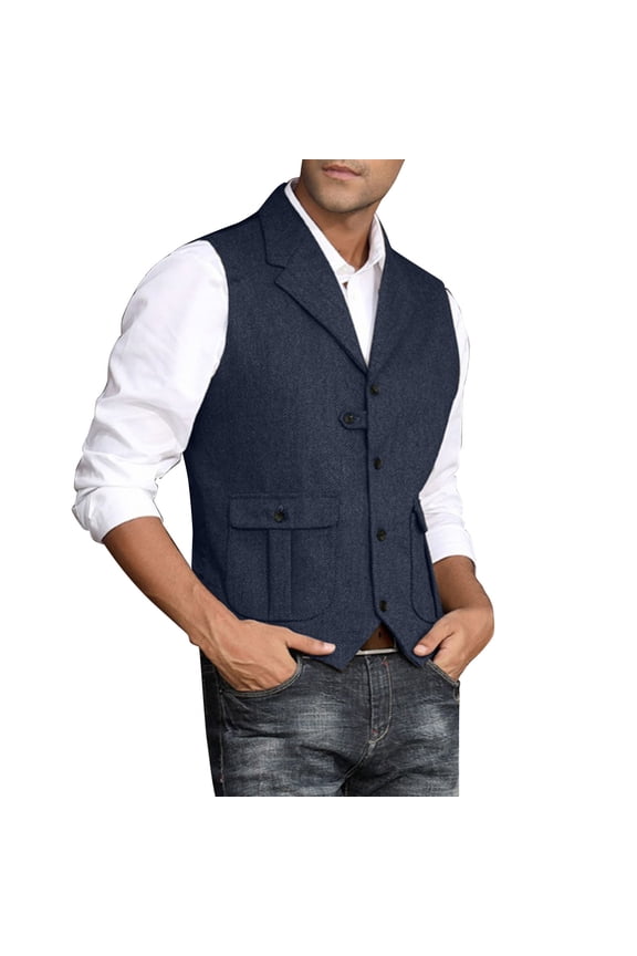 Men's Lapel Herringbone Vest Slim Fit Casual Formal Business Dress