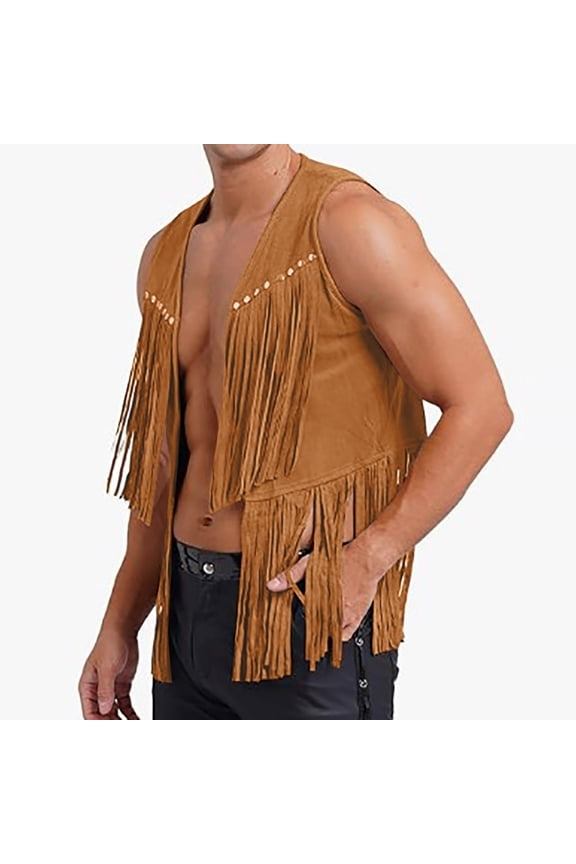 Men's New Style Fringed Deerskin Velvet Buttonless Mid-Length Vest Jacket