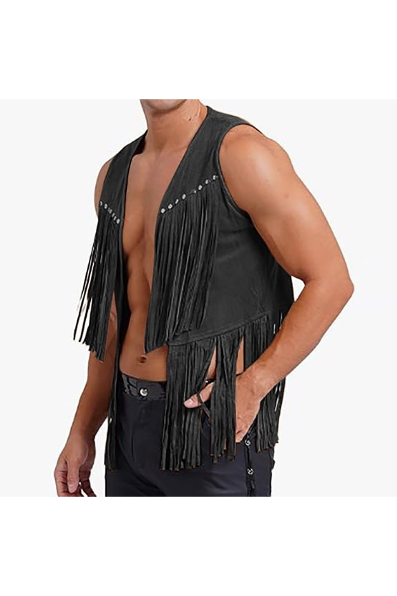 Men's New Style Fringed Deerskin Velvet Buttonless Mid-Length Vest Jacket