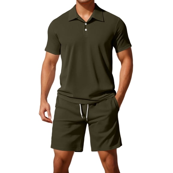 Daolelai Men's Solid Color Casual Breathable Short-Sleeved Button-Down Polo Shirt and Shorts Suit