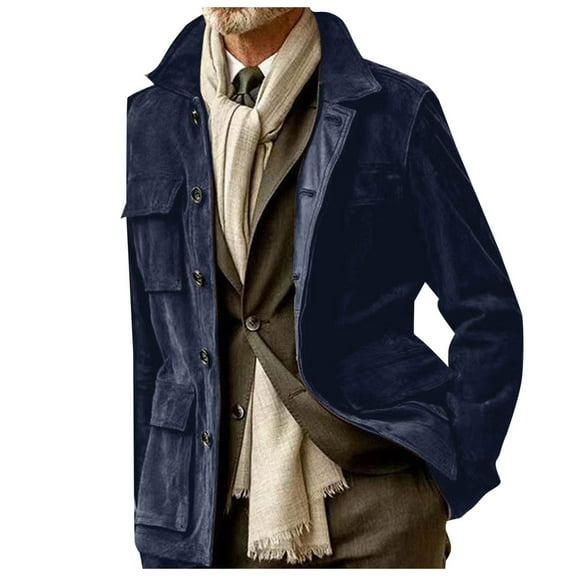 Daolelai Men's Solid Color Lapel Button Multi-Pocket Suede Long-Sleeved Jacket
