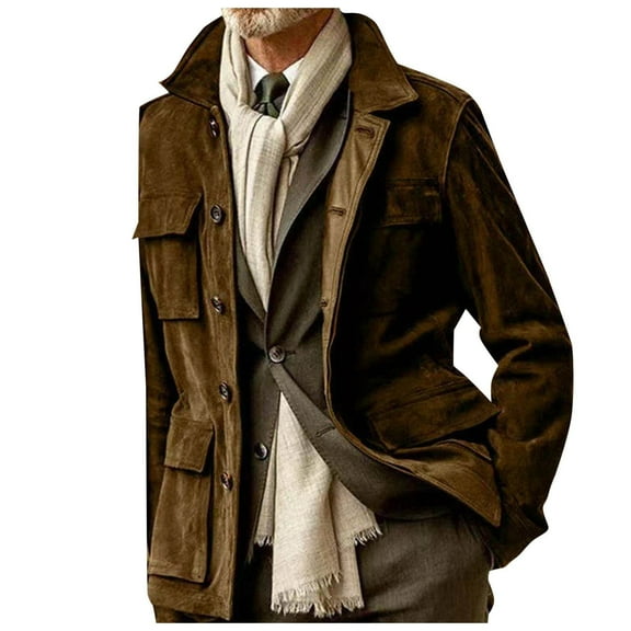 Daolelai Men's Solid Color Lapel Button Multi-Pocket Suede Long-Sleeved Jacket