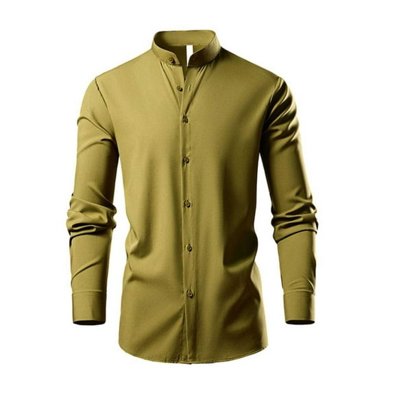 Daolelai Men's Stand Collar Elastic Solid Color Fashion Long Sleeve Shirt