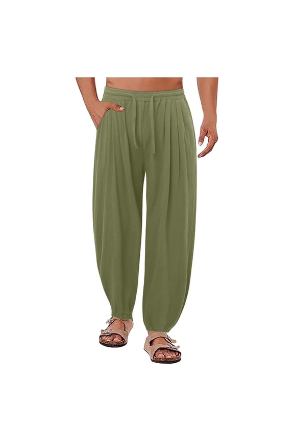Men's Summer Beach Linen Elastic Waist Drawstring Loose Fit Casual Tapered Yoga Pants