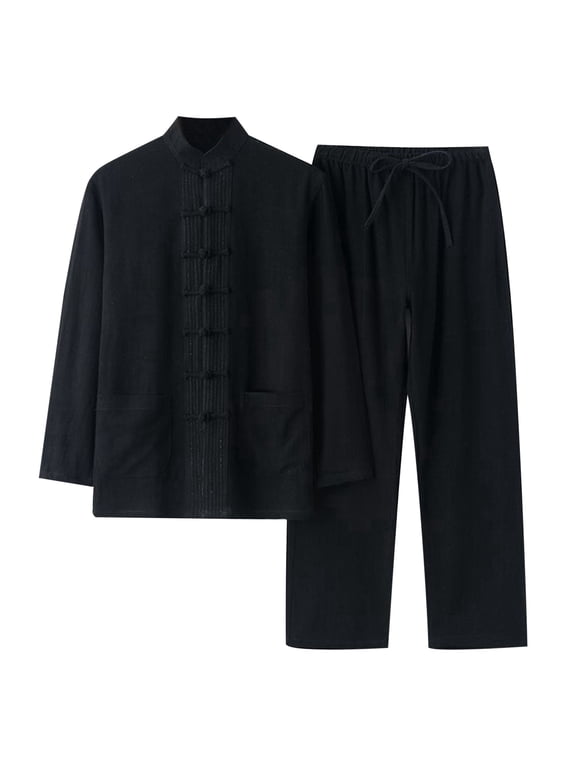Spring and Autumn Men's Cotton and Linen Tang Suit Chinese Long Sleeve Suit Chinese Style Retro Loose Tai Chi Tops Trousers Men