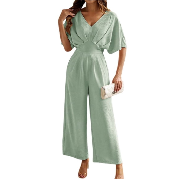 Daolelai Spring and Summer Women's Short-Sleeved Solid Color Temperament Casual Wide-Leg Jumpsuit