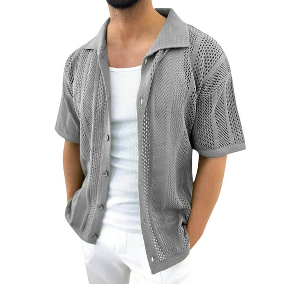 Daolelai Summer Thin Knitted Sweater Men's Lapel Short-Sleeved Hollow Cardigan European and American Muscle Men's Clothing