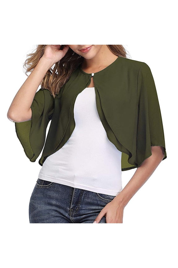 Women's 3/4 Sleeves See-Through Open-Front Chiffon Blush Cardigan Shawl