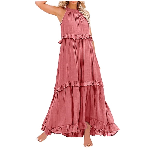 Daolelai Women's Bohemian Long Solid Color Sleeveless Halter Neck Ruffle Beach Style Dress