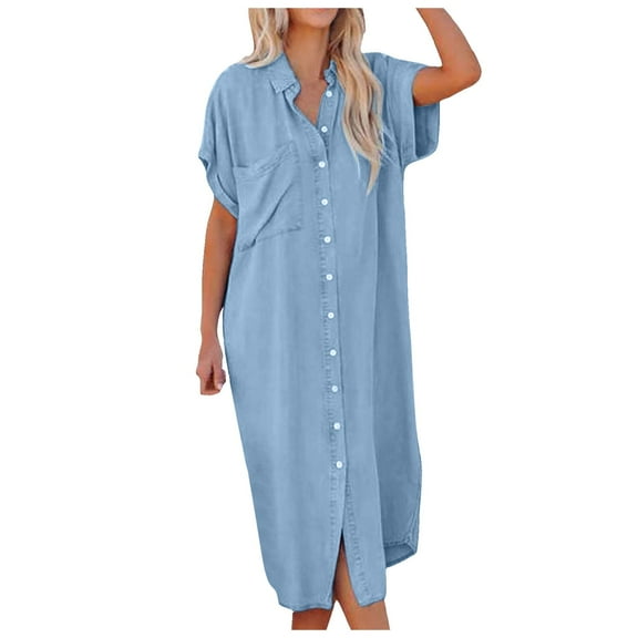 Daolelai Women's Casual Button-Up Denim Midi Shirt Dress Side Slit Short Sleeve Denim Dress with Pockets