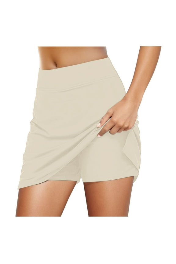 Women's Casual Fitness Elastic Double Layer Culottes Printed Sports Pocket Pants Skirt