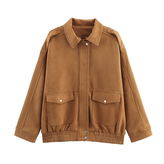 Daolelai Women's Casual Lapel Suede Loose Flight Jacket
