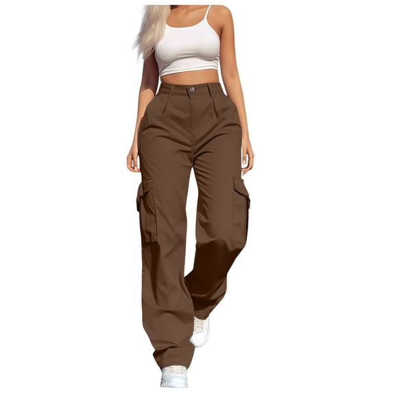 Daolelai Women's Daily Casual Sports Multi-Pocket Elastic Waist Casual Pants Overalls Zipper Button Solid Color Trousers