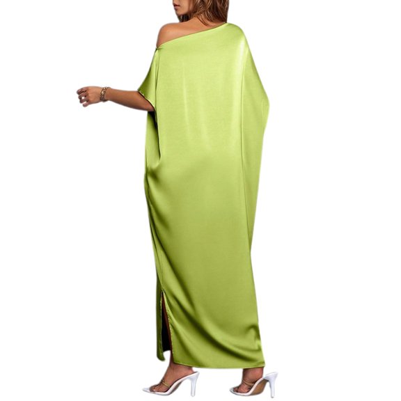 Daolelai Women's Early Autumn Fashion Temperament Satin Dress Solid Color Dress Satin Long Skirt