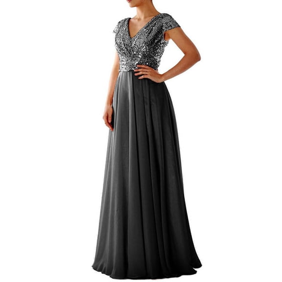 Daolelai Women's Evening V-Neck Dress Sequined Chiffon Splicing Evening Gown Long Skirt