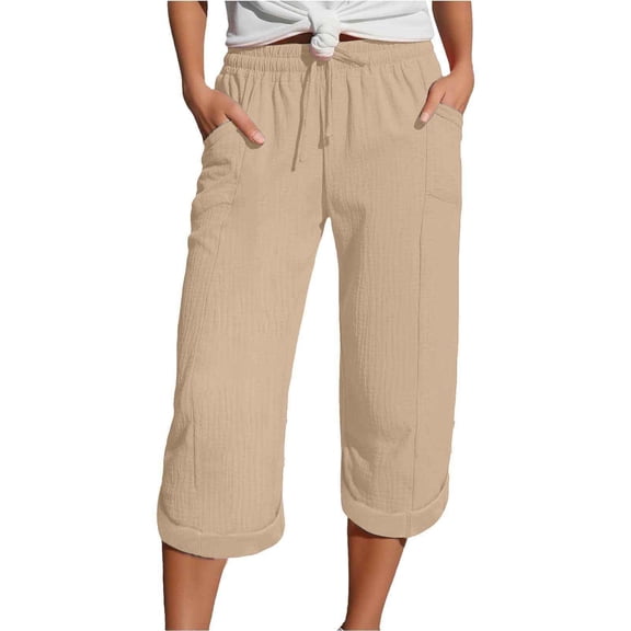 Daolelai Women's Fashion Casual Solid Color Lace-Up Elastic Waist Pocket Cropped Sports Pants