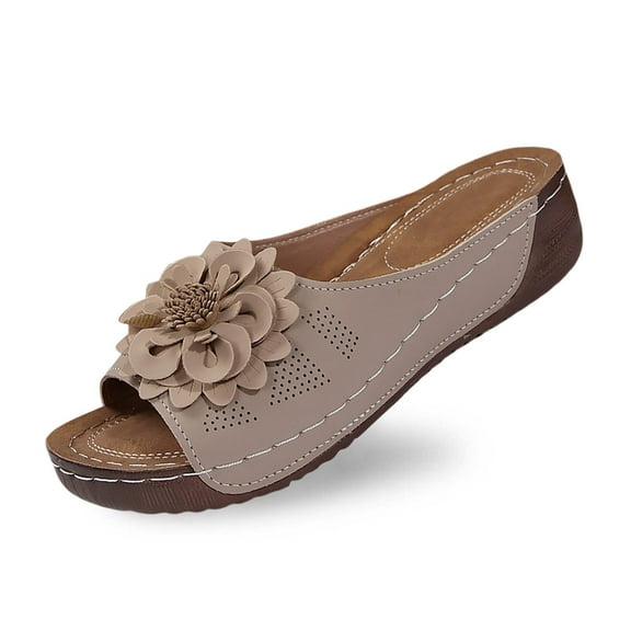 Daolelai Women's Fashion Open Toe Wedge Heel Leather Flower Sandals Temperament Comfortable Shoes