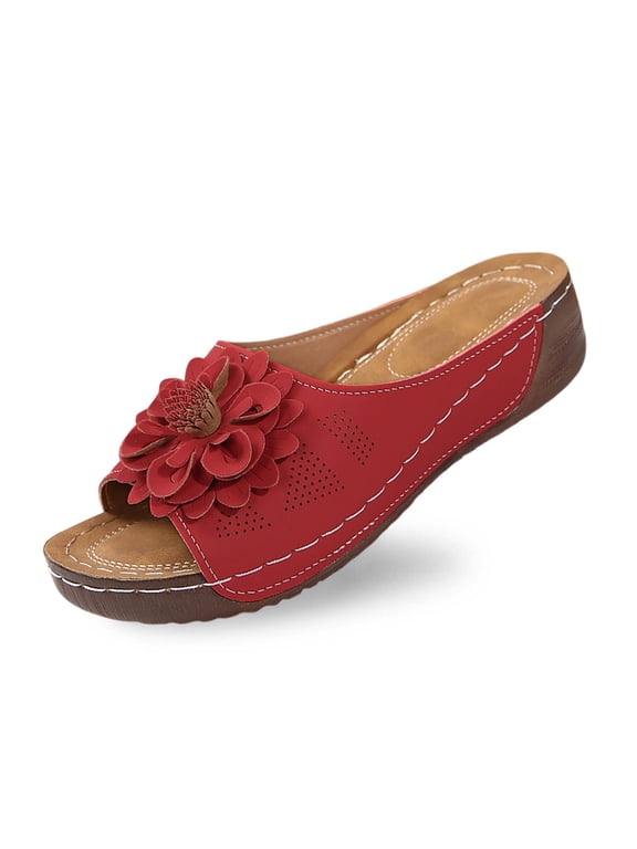 Women's Fashion Open Toe Wedge Heel Leather Flower Sandals Temperament Comfortable Shoes