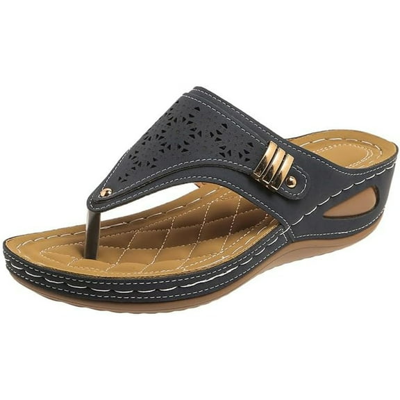 Daolelai Women's Fashion Retro Solid Color Leather Hollow Carved Flip-Toe Thick-Sole Sandals