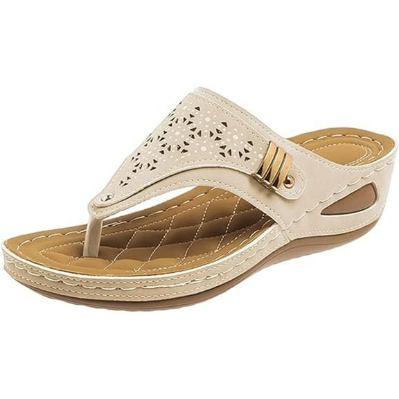 Daolelai Women's Fashion Retro Solid Color Leather Hollow Carved Flip-Toe Thick-Sole Sandals