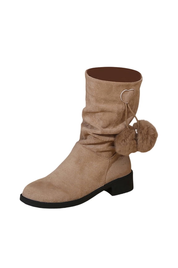 Women's Fashionable Solid Color Suede Small Ball Decorated Mid-Calf Boots, Elegant and Comfortable Solid Color Boots