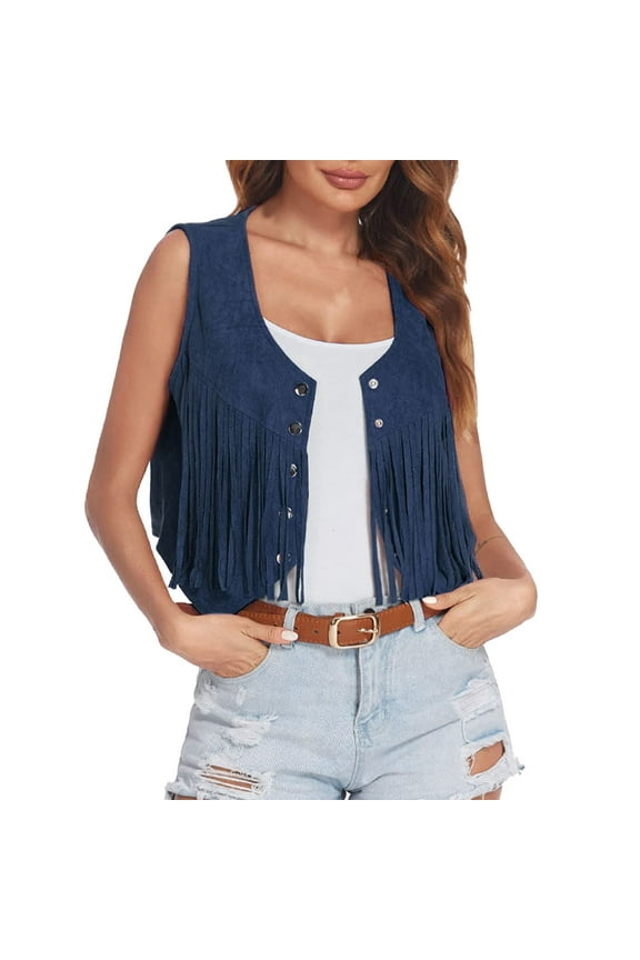 Women's Fringed Sleeveless Western Denim Punk Style Cardigan Jacket