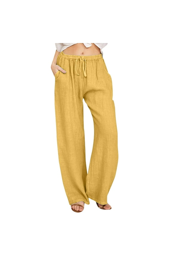 Women's Imitation Cotton and Linen Elastic Waist Insert Pocket Casual Pants