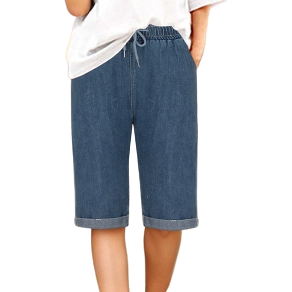 Daolelai Women's Loose Straight Elastic Waist Drawstring Denim Shorts