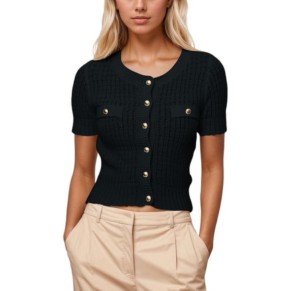 Daolelai Women's Metal Button Round Neck Short Sleeve Knitted Cardigan