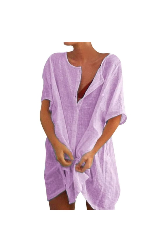 Women's Mid-Length Loose Solid Color Short-Sleeved Cotton and Linen Shirt Dress