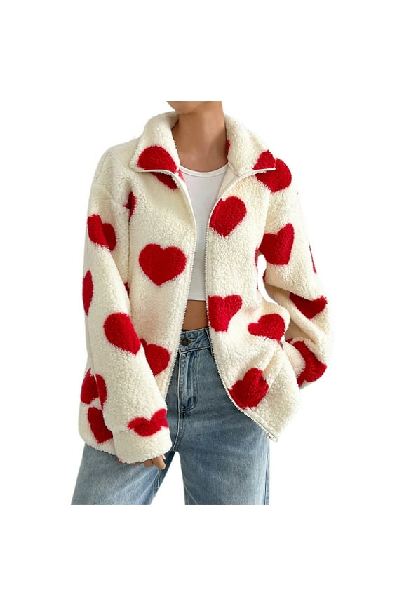 Women's Plush Heart Print Loose Long Sleeve Zipper Cardigan Jacket