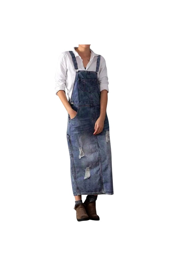 Women's Ripped Denim Overalls Skirt