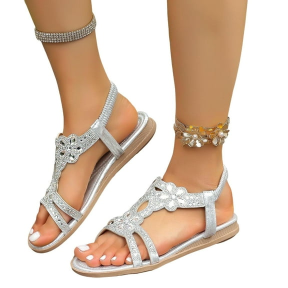 Daolelai Women's Sandals Flat Rhinestone Sandals Bohemian Style Comfortable Women's Shoes Summer Sandals