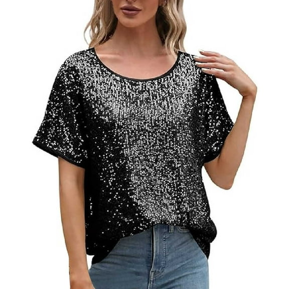 Daolelai Women's Sequined Holiday Club Shirt Short Sleeve Shirt