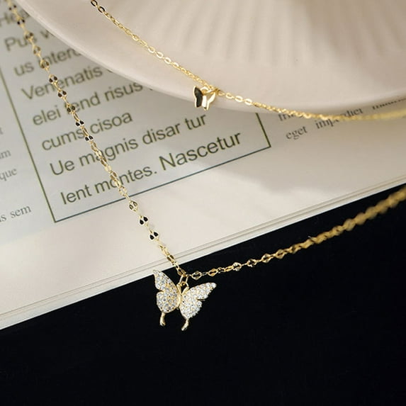Daolelai Women's Silver Butterfly Tassel Necklace Double Pendant Clavicle Chain
