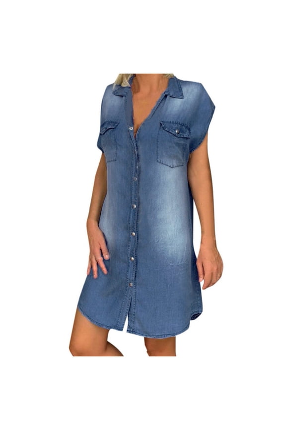 Women's Sleeveless Lapel Button Denim Dress