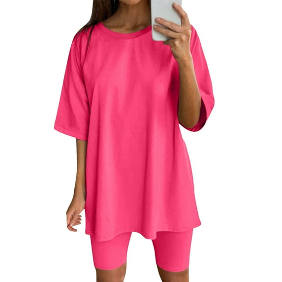 Daolelai Women's Solid Color Casual Round Neck Loose T-Shirt Top Elastic Waist Shorts Sports Fitness Yoga Set