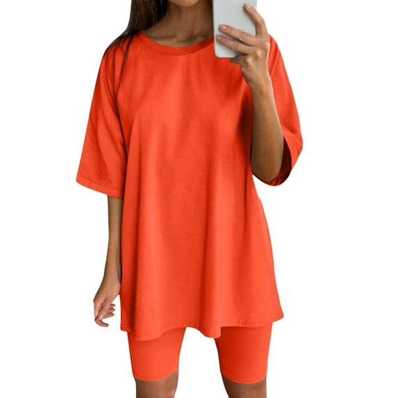Daolelai Women's Solid Color Casual Round Neck Loose T-Shirt Top Elastic Waist Shorts Sports Fitness Yoga Set