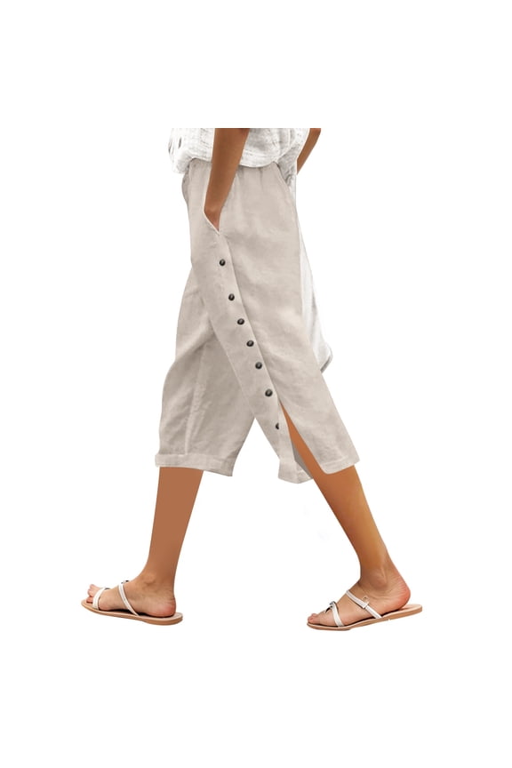 Women's Solid Color Elastic Waist Loose Side Functional Button-Down Button Can Be Opened Three-Quarter Casual Pants