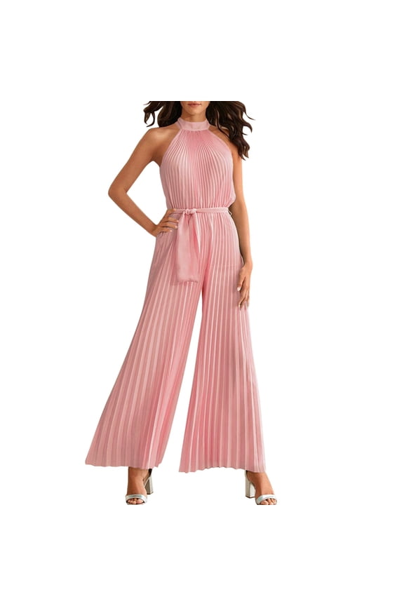 Women's Solid Color Halter Sleeveless Pleated Jumpsuit
