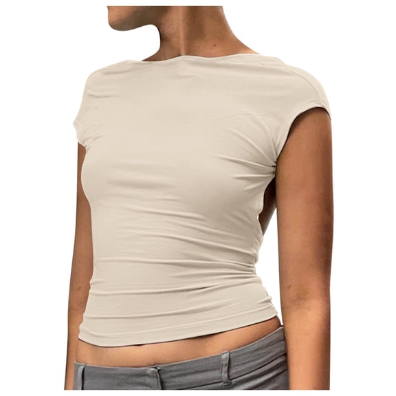 Daolelai Women's Solid Color Halter Top Tight Short Sleeve Navel- Half-High Neck T-Shirt Top