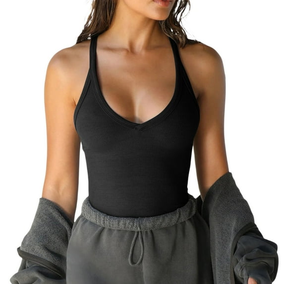 Daolelai Women's Solid Color V-Neck Ribbed Camisole Top