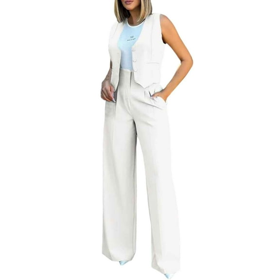 Daolelai Women's Solid Color Vest Waistcoat Suit Wide Leg Pants Trousers Casual Suit