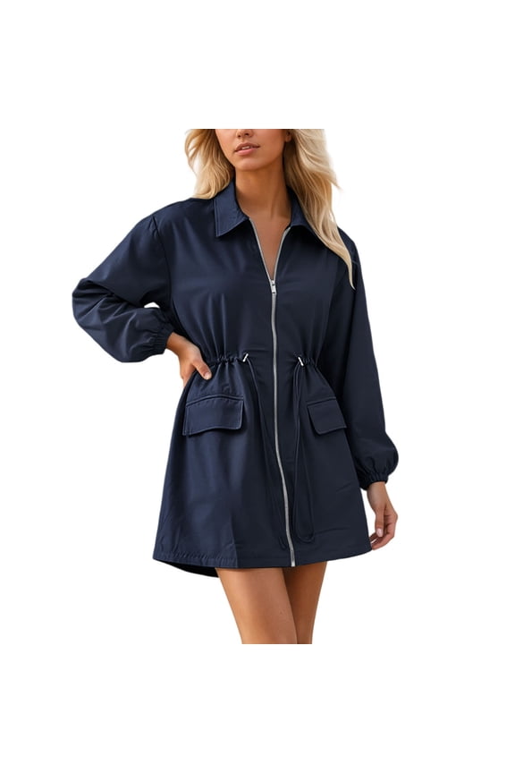 Women's Spring and Autumn Drawstring Waist Mid-Length Windbreaker Women's Fashionable Loose Casual Work Dress
