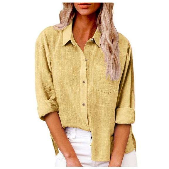 Daolelai Women's Spring and Summer Solid Color Lapel Long Sleeve Shirt with Pocket Side Slit Casual Shirt