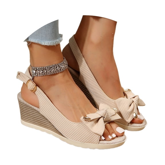 Daolelai Women's Suede Bow Wedge Heel Hemp Rope Thick Sole Fish Mouth Sling Back Sandals