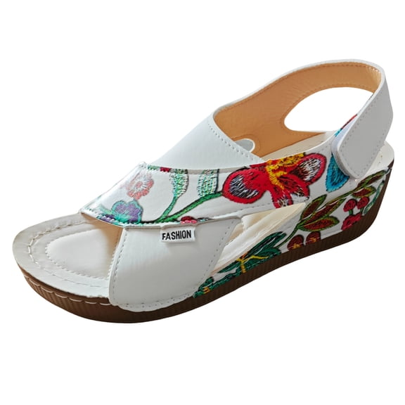 Daolelai Women's Summer Retro Colorblock Leather Wedge Heel Thick Sole Large Size Velcro Fish Mouth Sandals