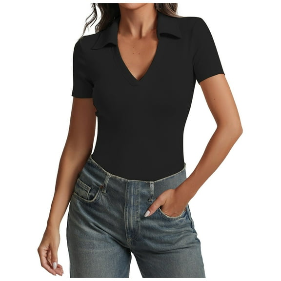 Daolelai Women's Threaded Solid Color V-Neck Lapel Slim Fit Top