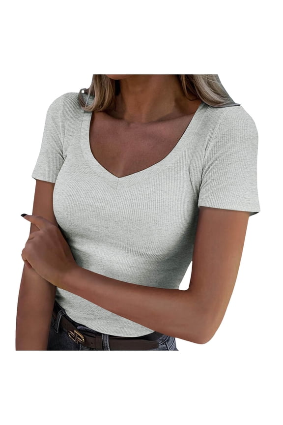 Women's V-Neck Ribbed Tight T-Shirt Short-Sleeved Shirt Knitted Top