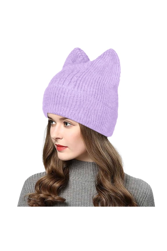 Women's Winter Crochet Warm Cute Furry Plush Cat Hat with Hidden Logo